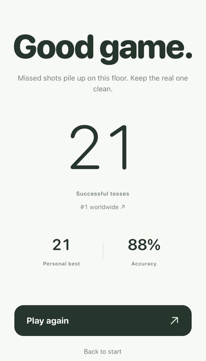 The end of a run: twenty-one successful tosses, ranked first worldwide.