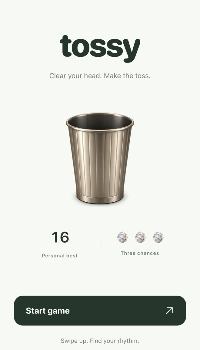 Tossy's start screen with a personal best of sixteen.
